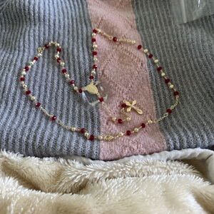 Chic Gold and Red Beaded Necklace with Cross Pendant